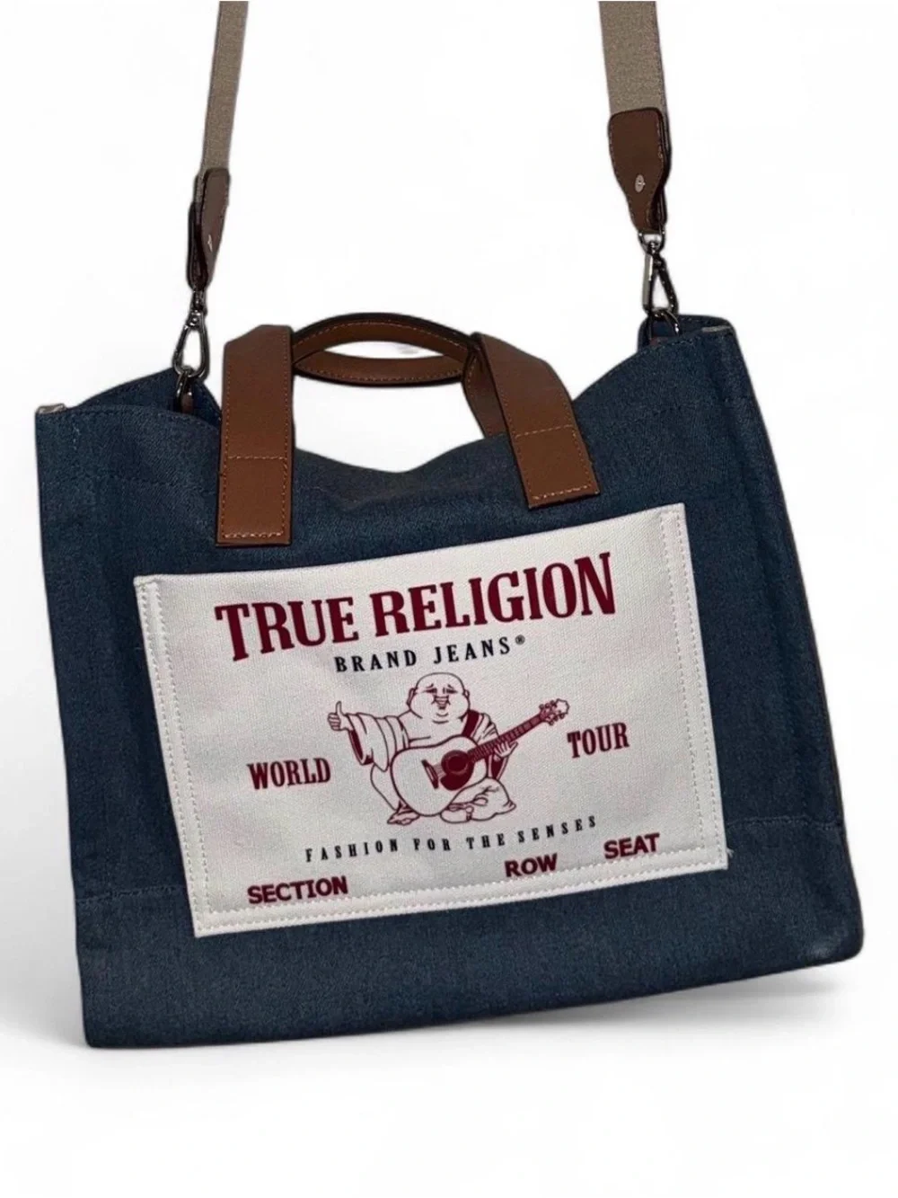 True Religion Navy Canvas Messenger Tote with Brown Trim